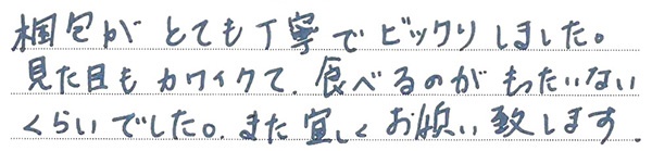 梱包がとても丁寧でビックリしました。
見た目もカワイクて、食べるのがもったいないくらいでした。
また宜しくお願い致します。