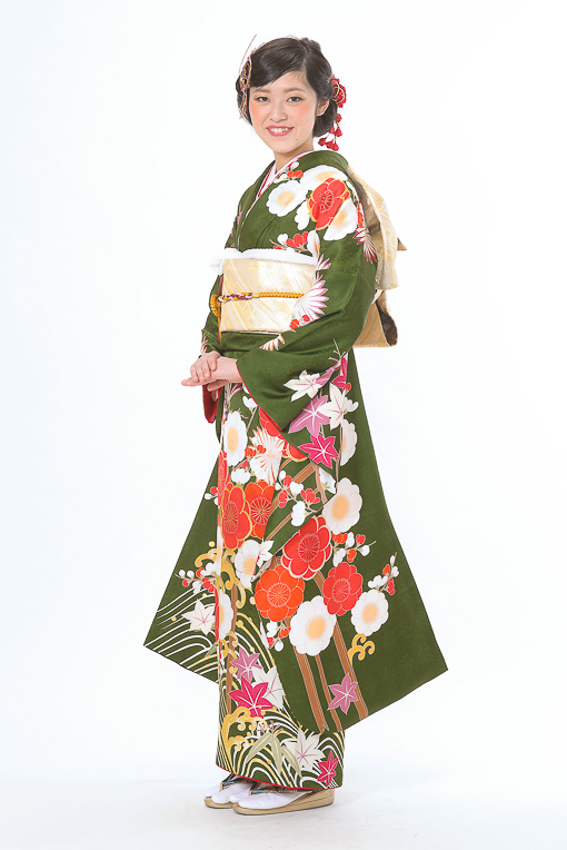 深緑地紅白梅柄