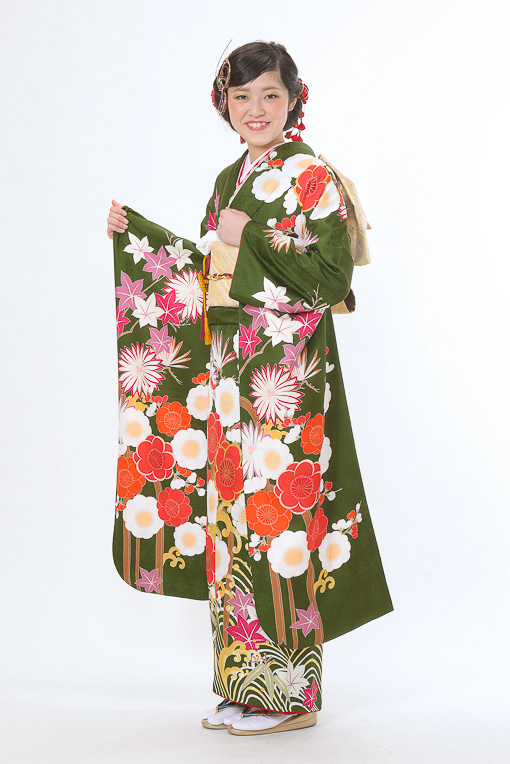 深緑地紅白梅柄