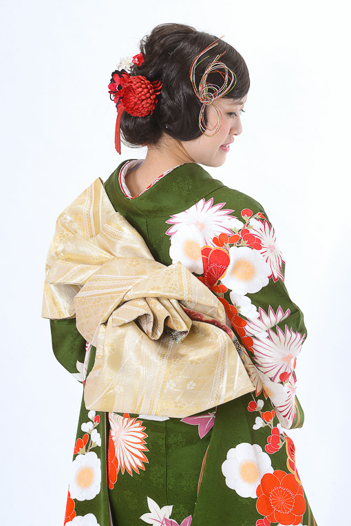 深緑地紅白梅柄