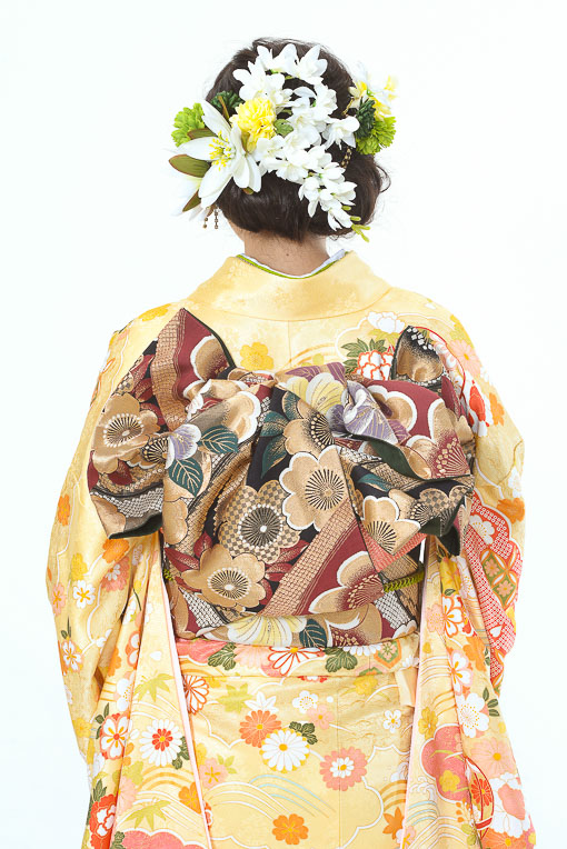 黄／ピンク御所車に牡丹