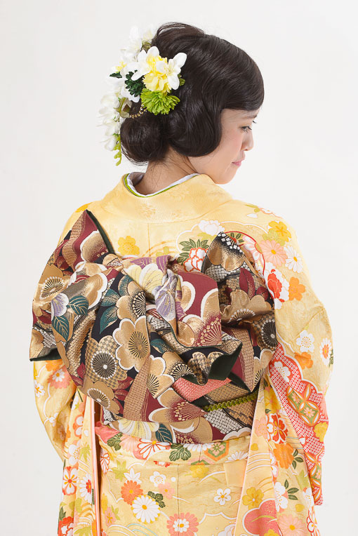 黄／ピンク御所車に牡丹