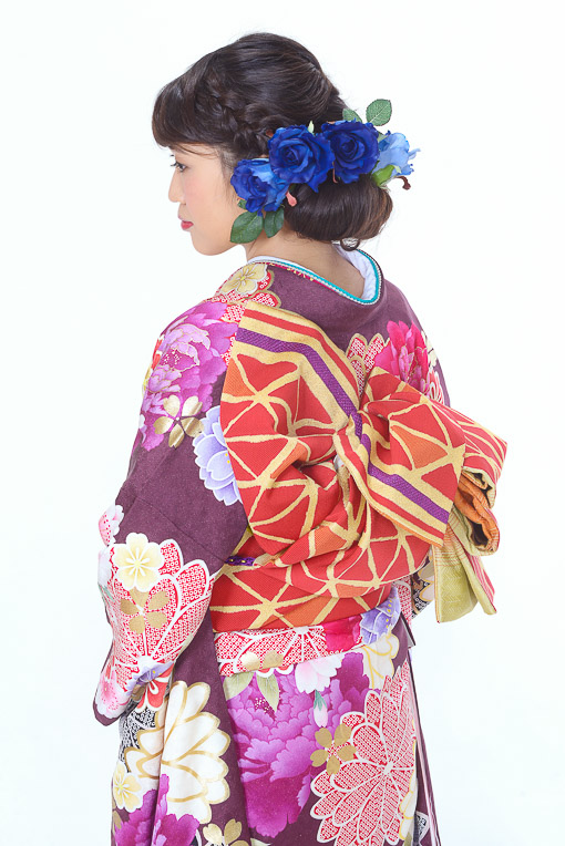 あずき色大輪花柄