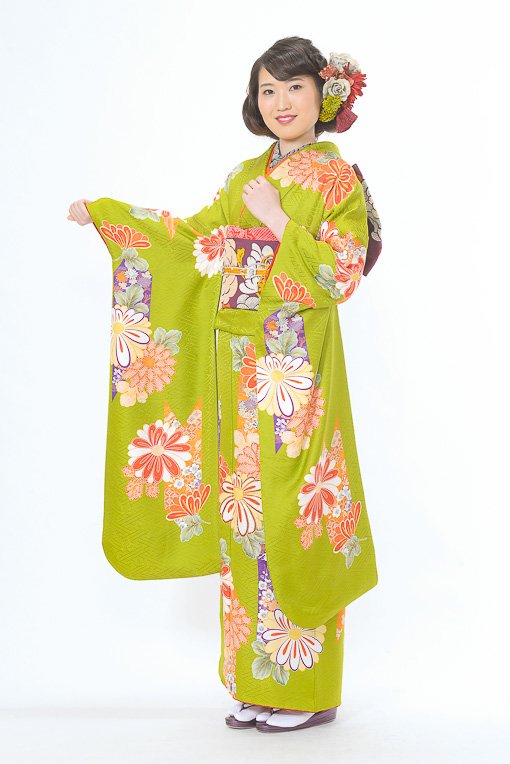 抹茶色朱ダリア花柄模様