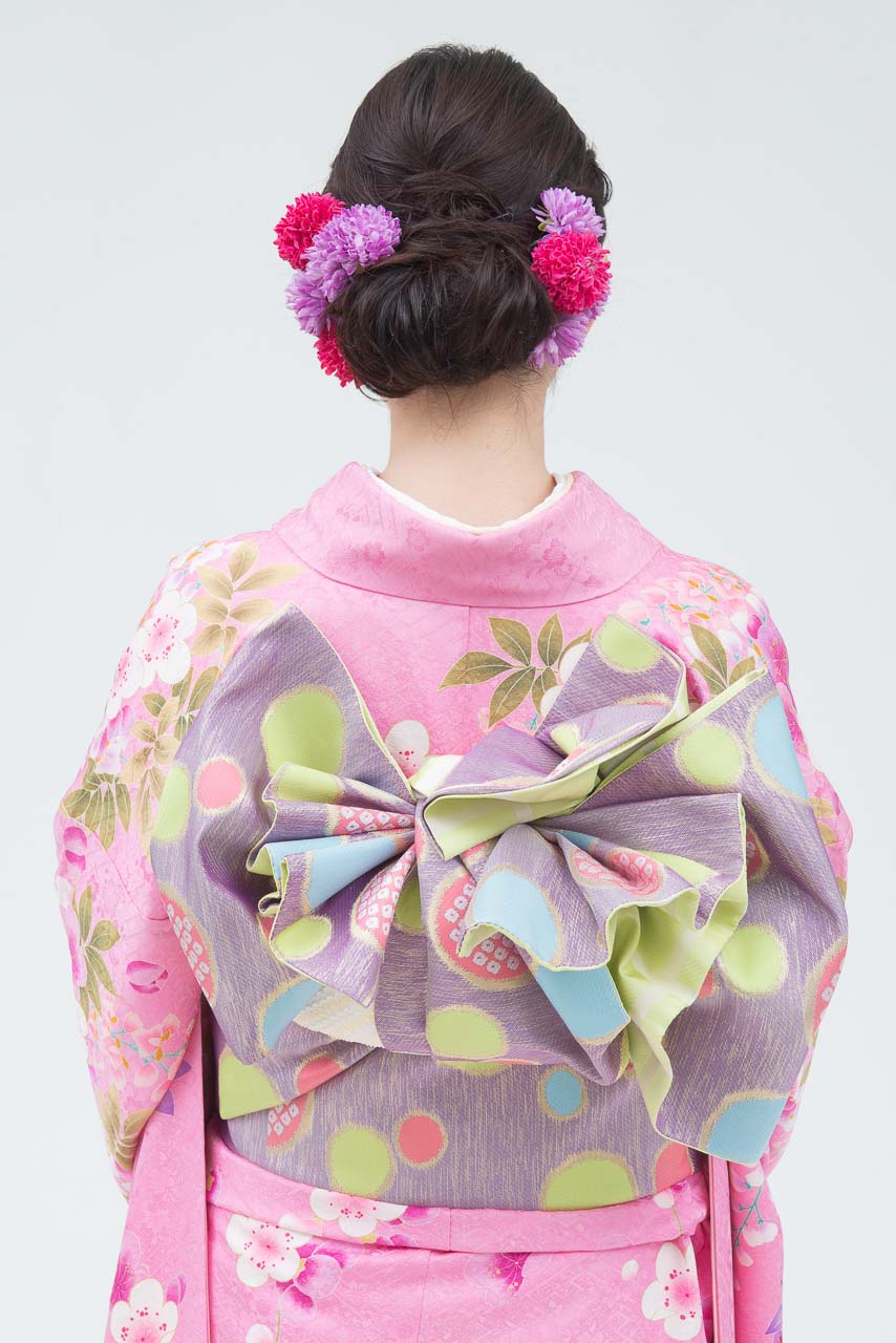 ピンク地裾グリーン鞠柄