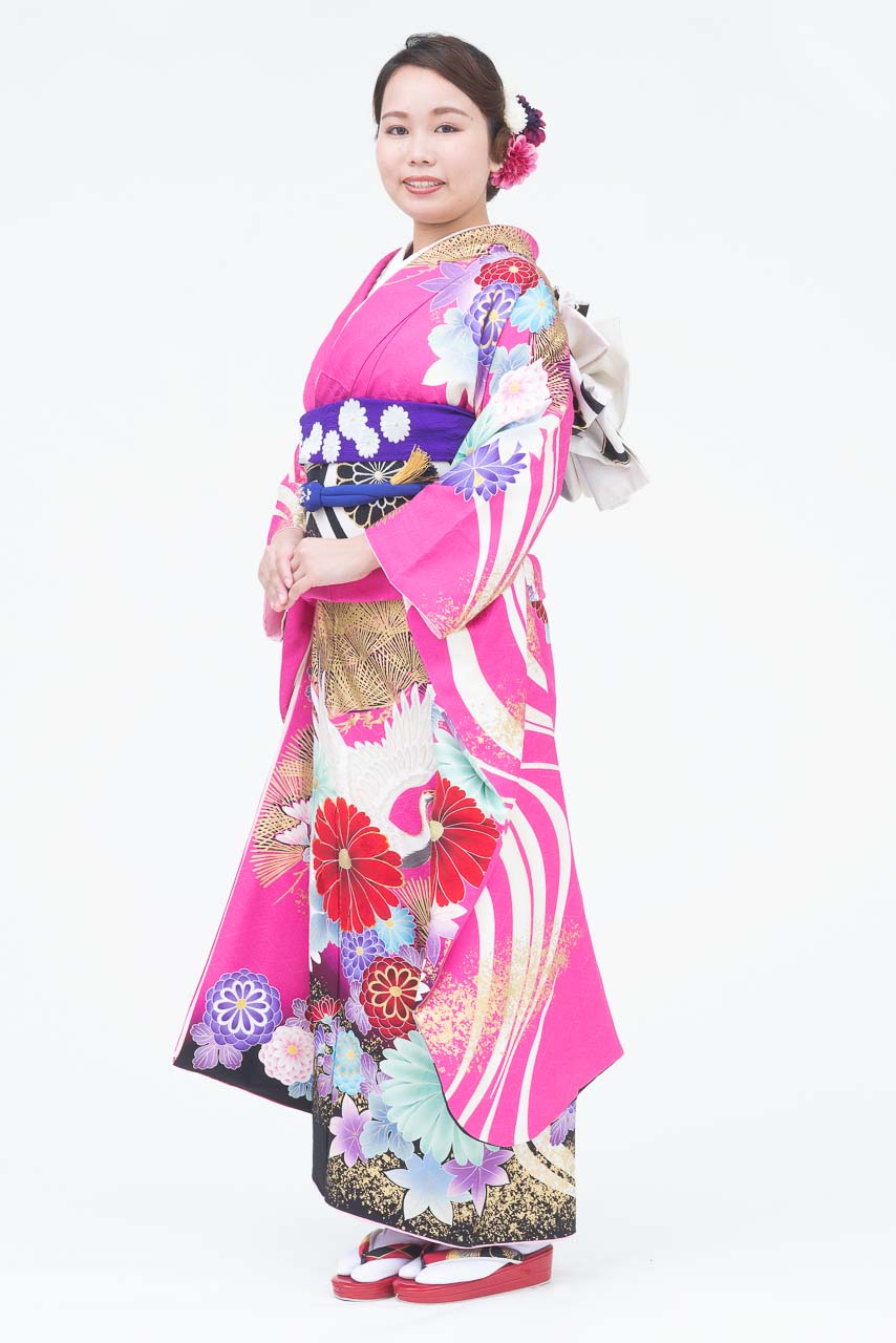 濃いピンク地鶴花大柄