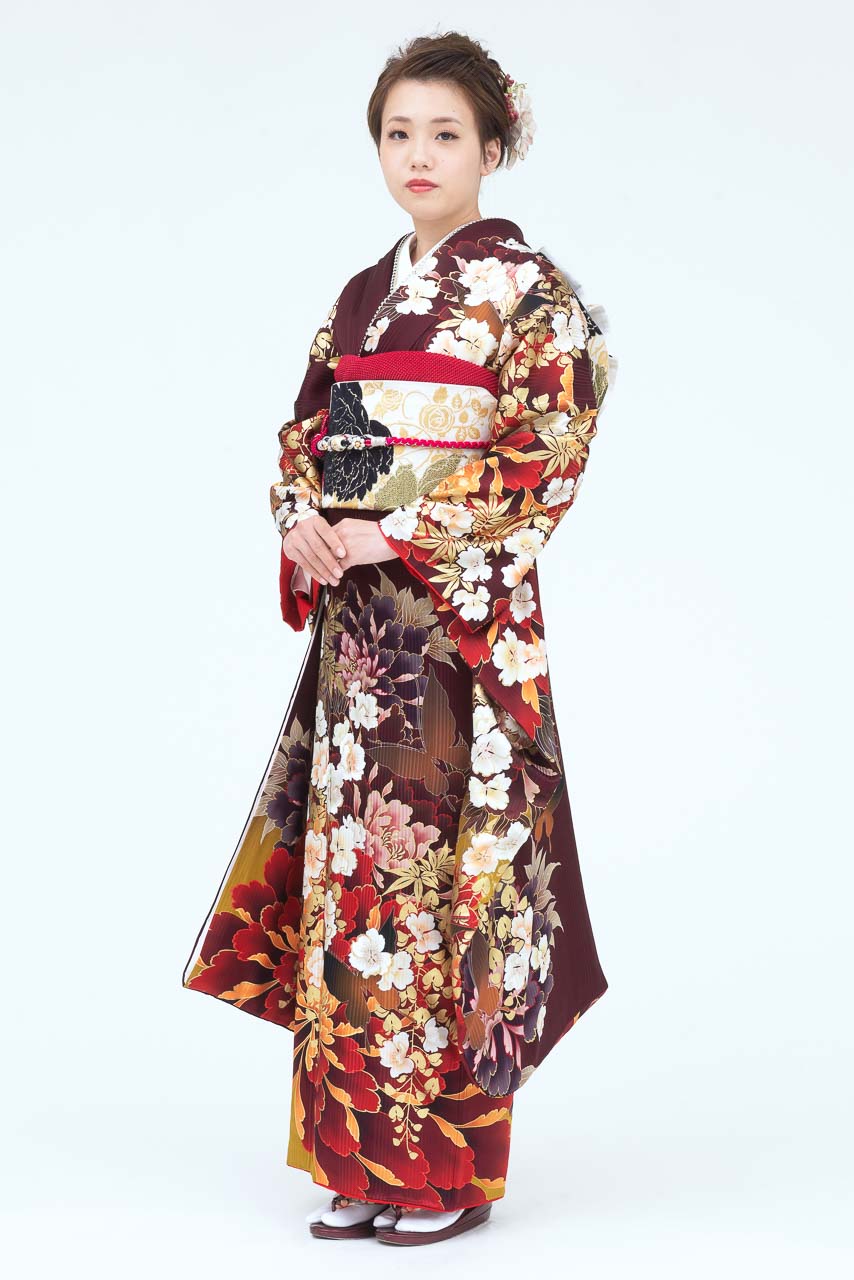 茶地花柄裾ダリア