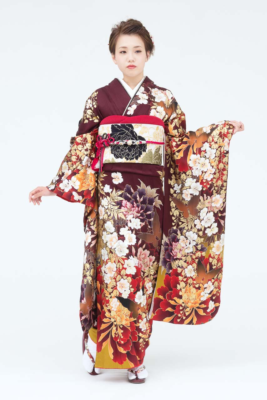 茶地花柄裾ダリア