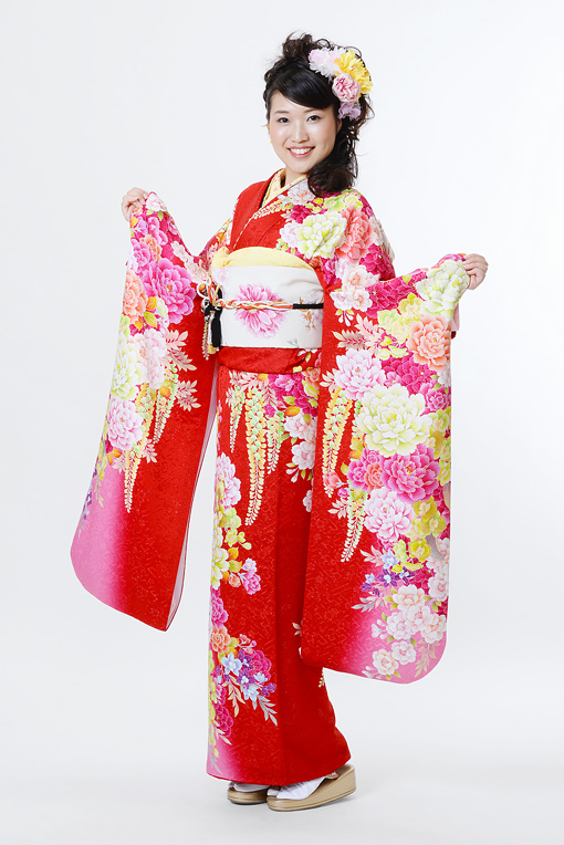 ラメ入り赤地藤牡丹