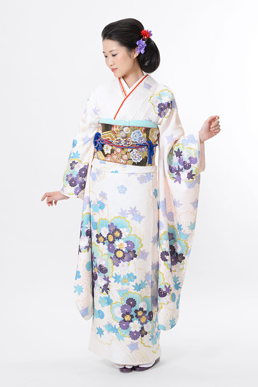 白地水色紫花模様