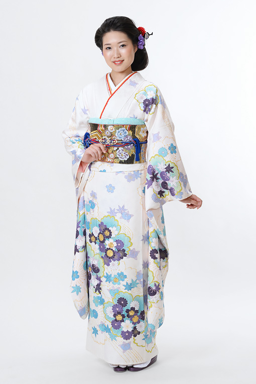 白地水色紫花模様