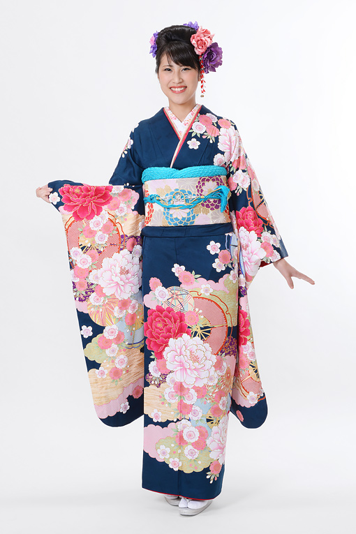 青地にピンク大輪花模様