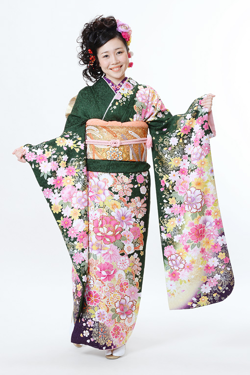 深緑地にピンク花柄