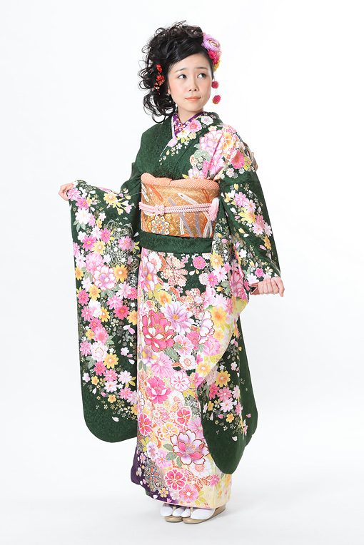 深緑地にピンク花柄