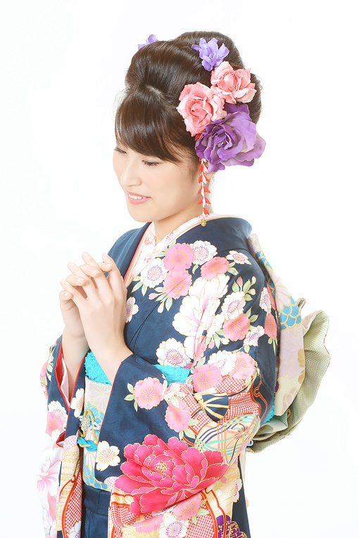 青地にピンク大輪花模様