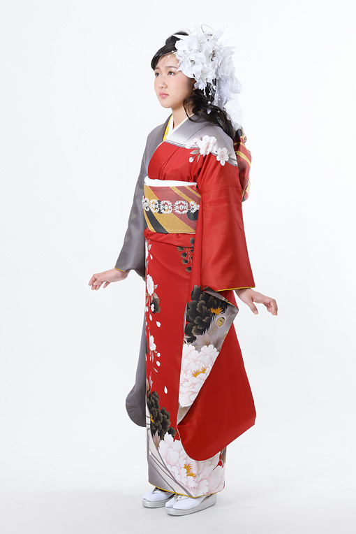 赤・グレー大輪牡丹柄