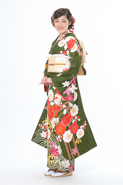 深緑地紅白梅柄