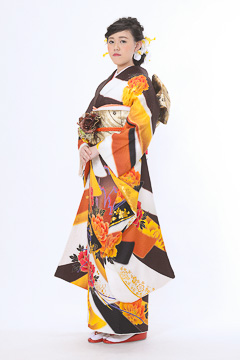 白/茶　大輪模様