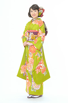 抹茶色朱ダリア花柄模様