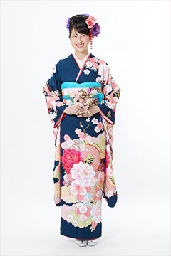 青地にピンク大輪花模様