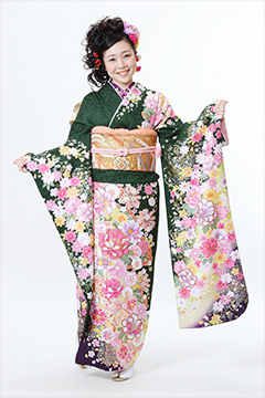 深緑地にピンク花柄