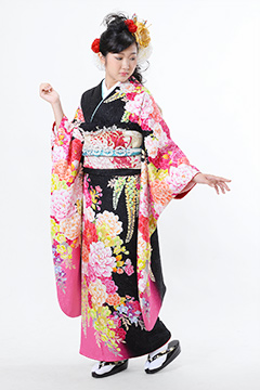 黒地にピンク花柄