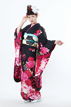 黒地にビビットピンク花模様