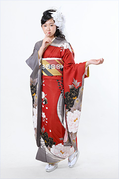 赤・グレー大輪牡丹柄