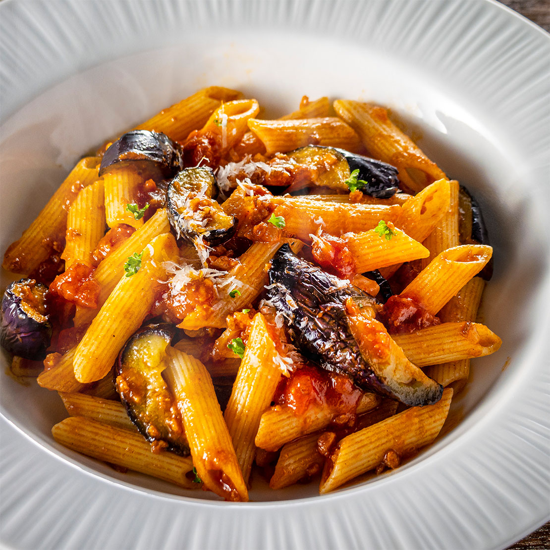 茄子とミートソースのペンネ